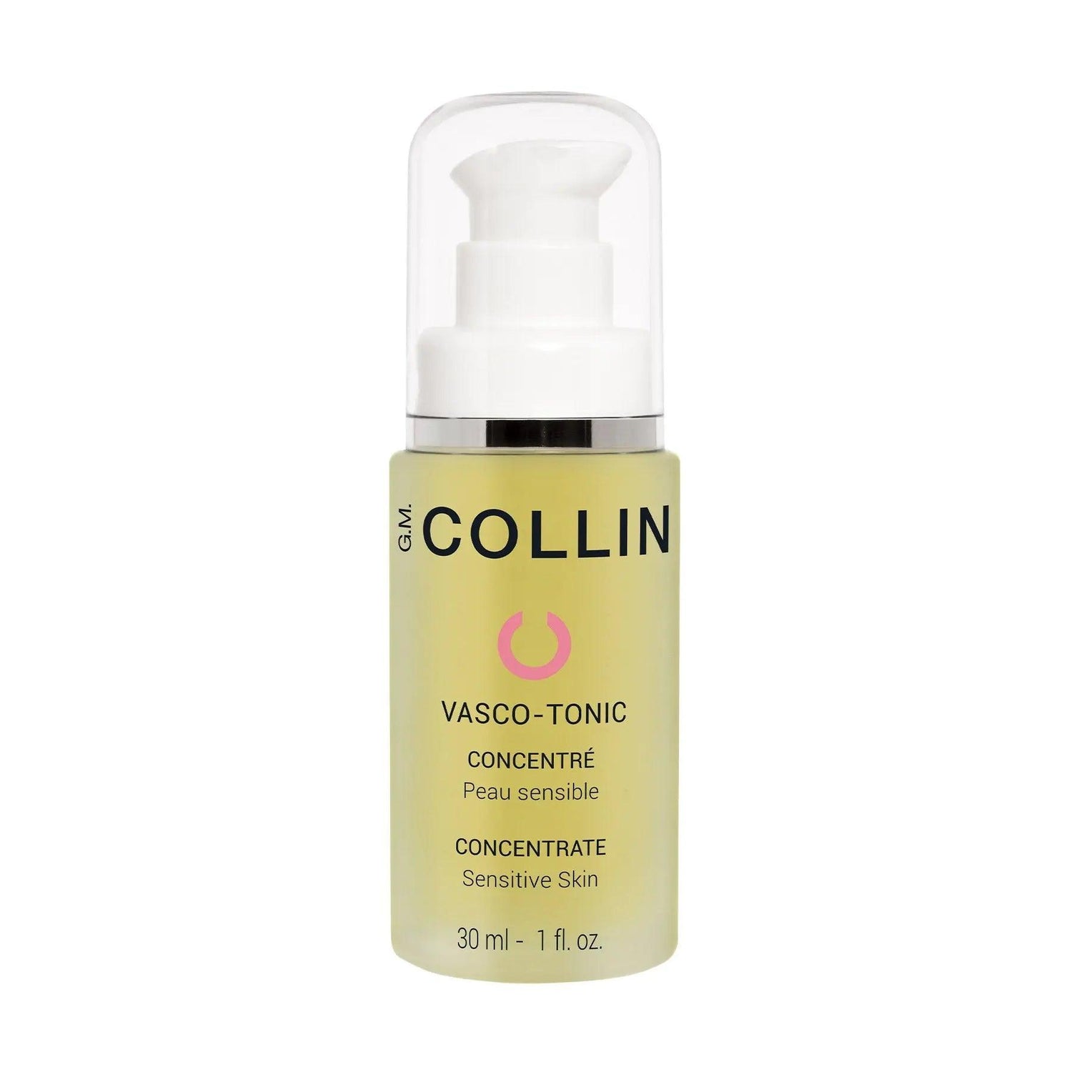 Vasco-Tonic Concentrate serum bottle for sensitive skin, featuring Ginkgo Biloba to reduce redness and dark circles, 30 ml packaging.