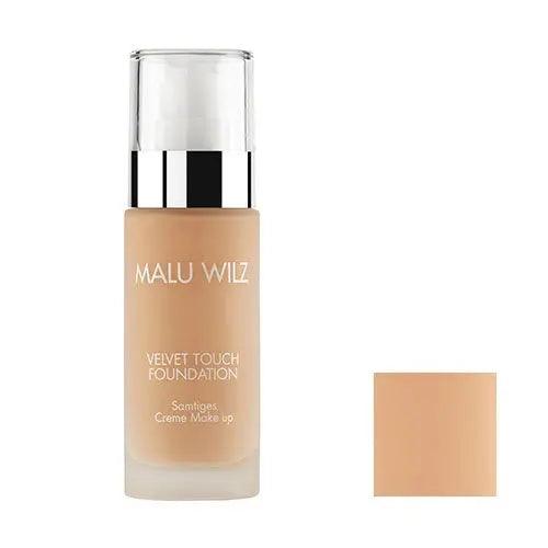 Malu Wilz Velvet Touch Foundation 30ml bottle with swatch, premium lightweight liquid foundation, velvety finish, seamless coverage.