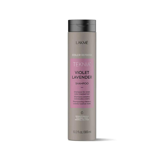 Violet Lavender Shampoo by Lakme, vegan formula that restores color vibrancy, enhances highlights, paraben-free and citrus scented.