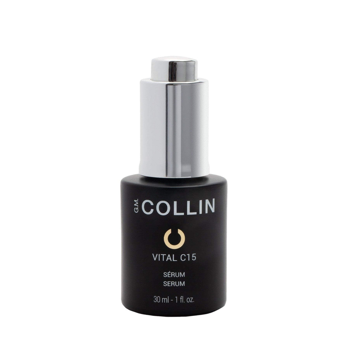 Vital C15 serum bottle featuring 15% VITAL C COMPLEX, vitamin C, ferulic acid, and Matrixyl 3000 for enhanced skin vitality.