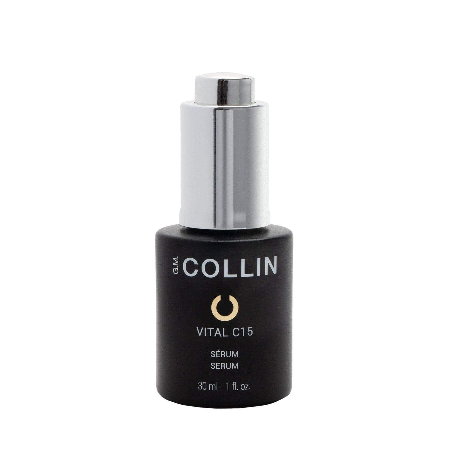 Vital C15 serum bottle featuring 15% VITAL C COMPLEX, vitamin C, ferulic acid, and Matrixyl 3000 for enhanced skin vitality.
