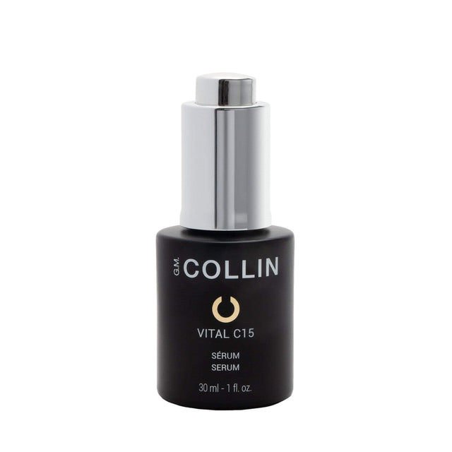 Vital C15 serum bottle featuring 15% VITAL C COMPLEX, vitamin C, ferulic acid, and Matrixyl 3000 for enhanced skin vitality.