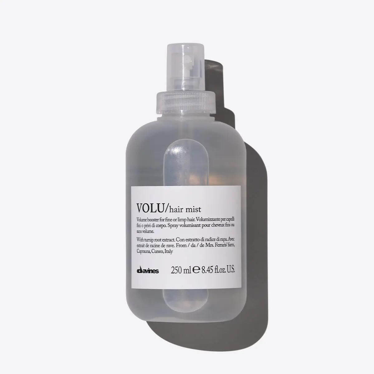 Volu Hair Mist volumizing spray for fine hair, boosts root volume without weighing it down, 250ml bottle.