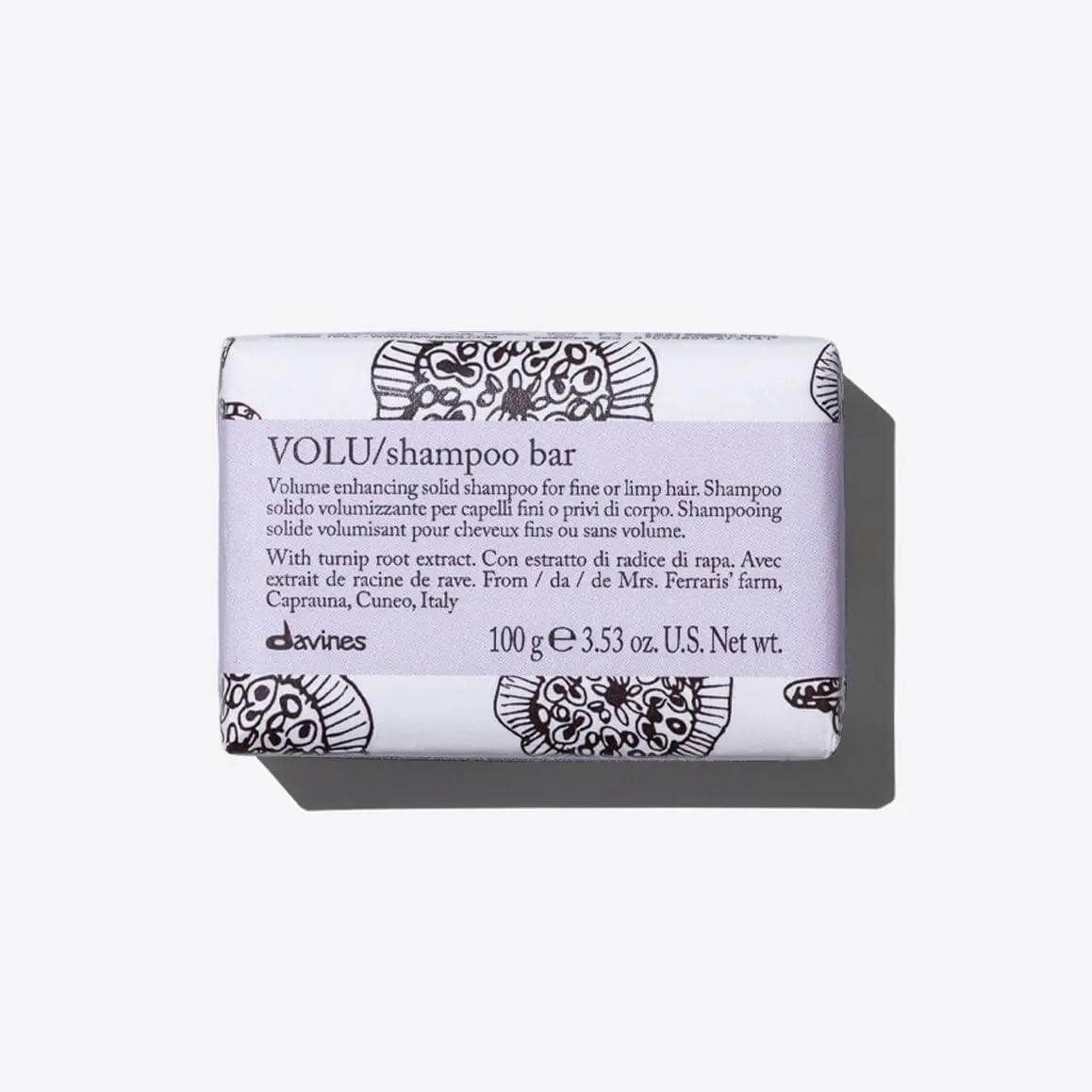 Volu Shampoo Bar for volume boosting, designed for fine or limp hair, 100g package with intricate black and white design.