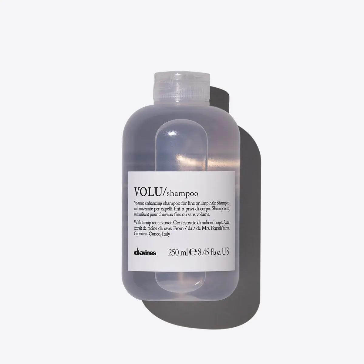Volu Shampoo bottle for volumizing fine or limp hair, 250ml size, enhances hair body and volume while cleansing gently.