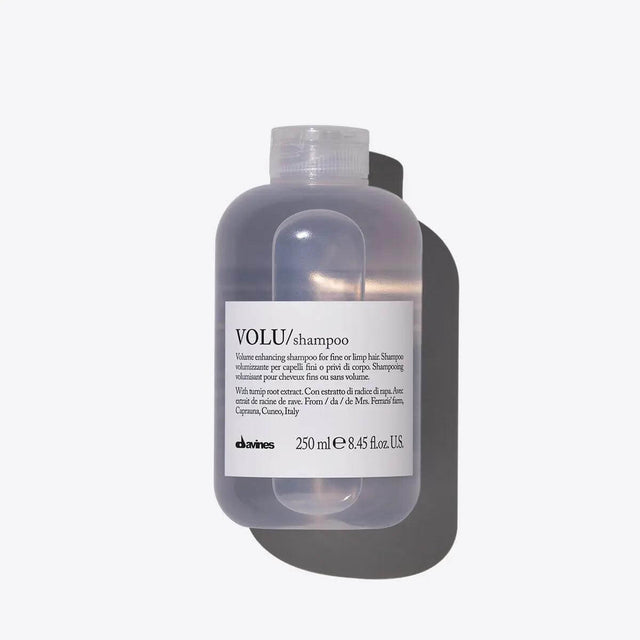 Volu Shampoo bottle for volumizing fine or limp hair, 250ml size, enhances hair body and volume while cleansing gently.