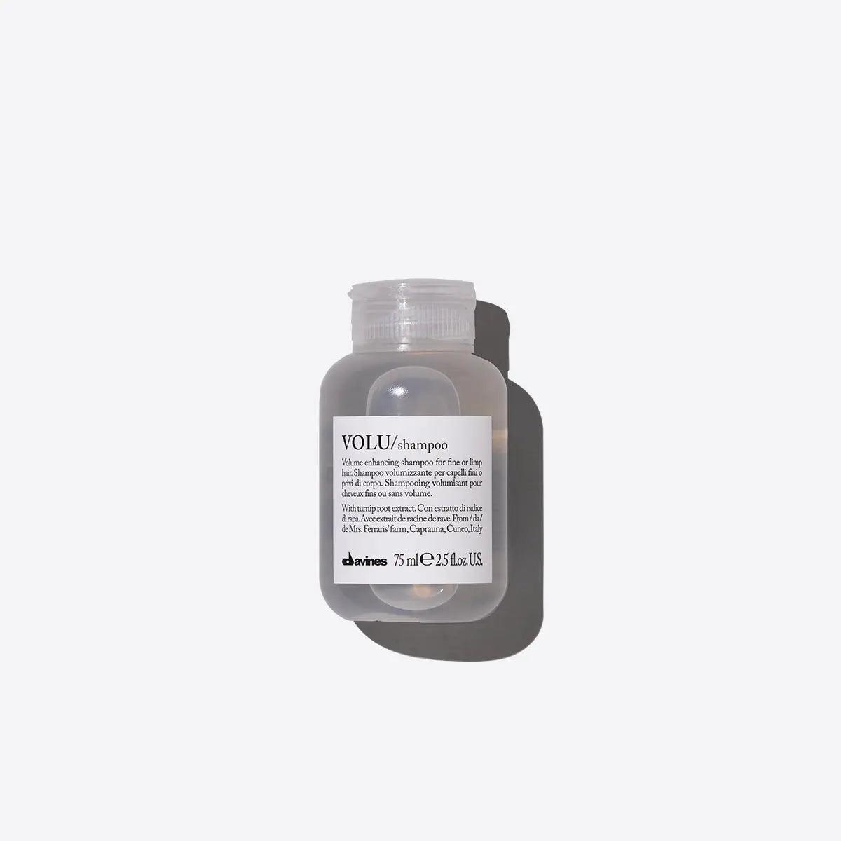 Volu Shampoo bottle for fine hair, offering gentle cleansing and lasting volume, in 75ml size