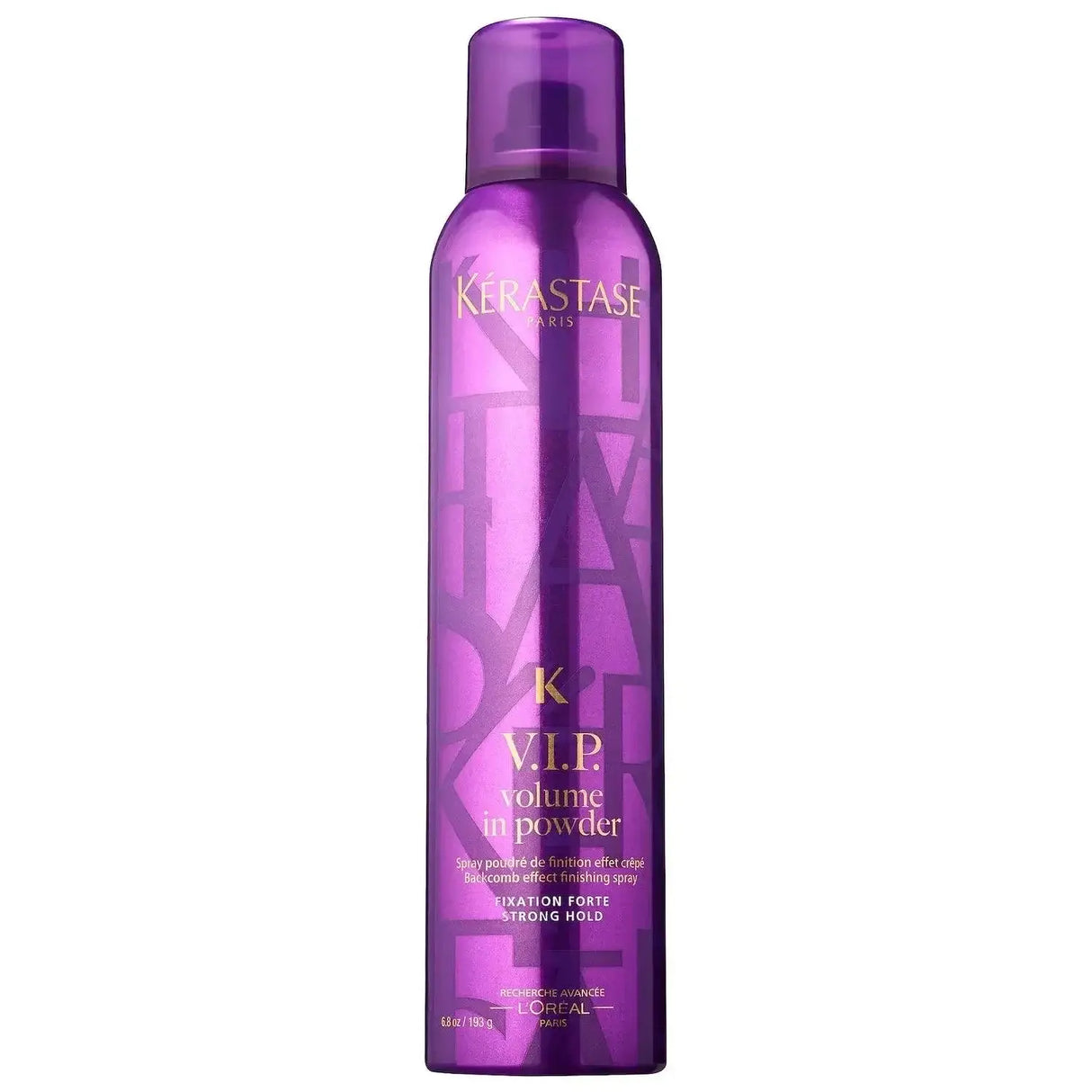 Kerastase Volume In Powder Volumizing Spray for fine hair, enhances texture and volume, purple bottle with strong hold feature.