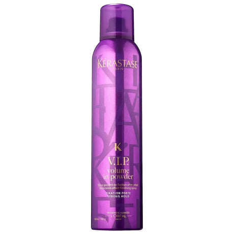 Kerastase Volume In Powder Volumizing Spray for fine hair, enhances texture and volume, purple bottle with strong hold feature.