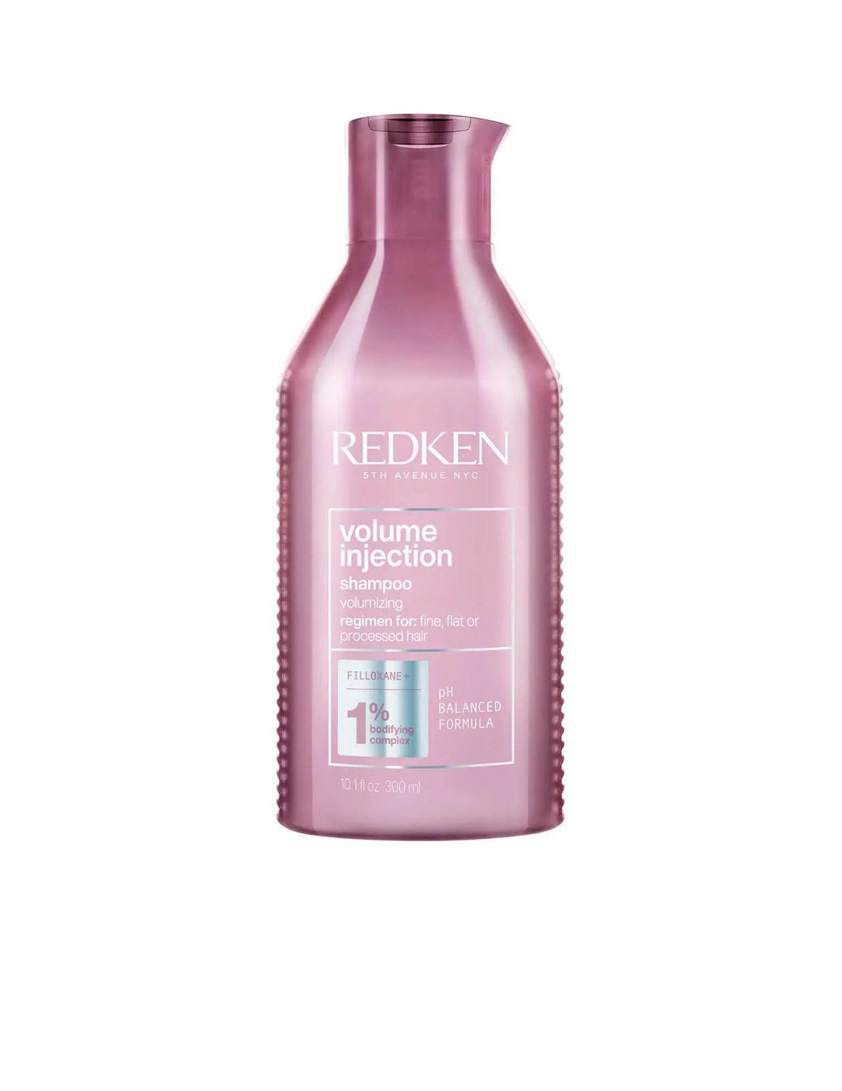 Redken Volume Injection Shampoo bottle for fine hair, enhances volume and body, suitable for all hair types and textures.