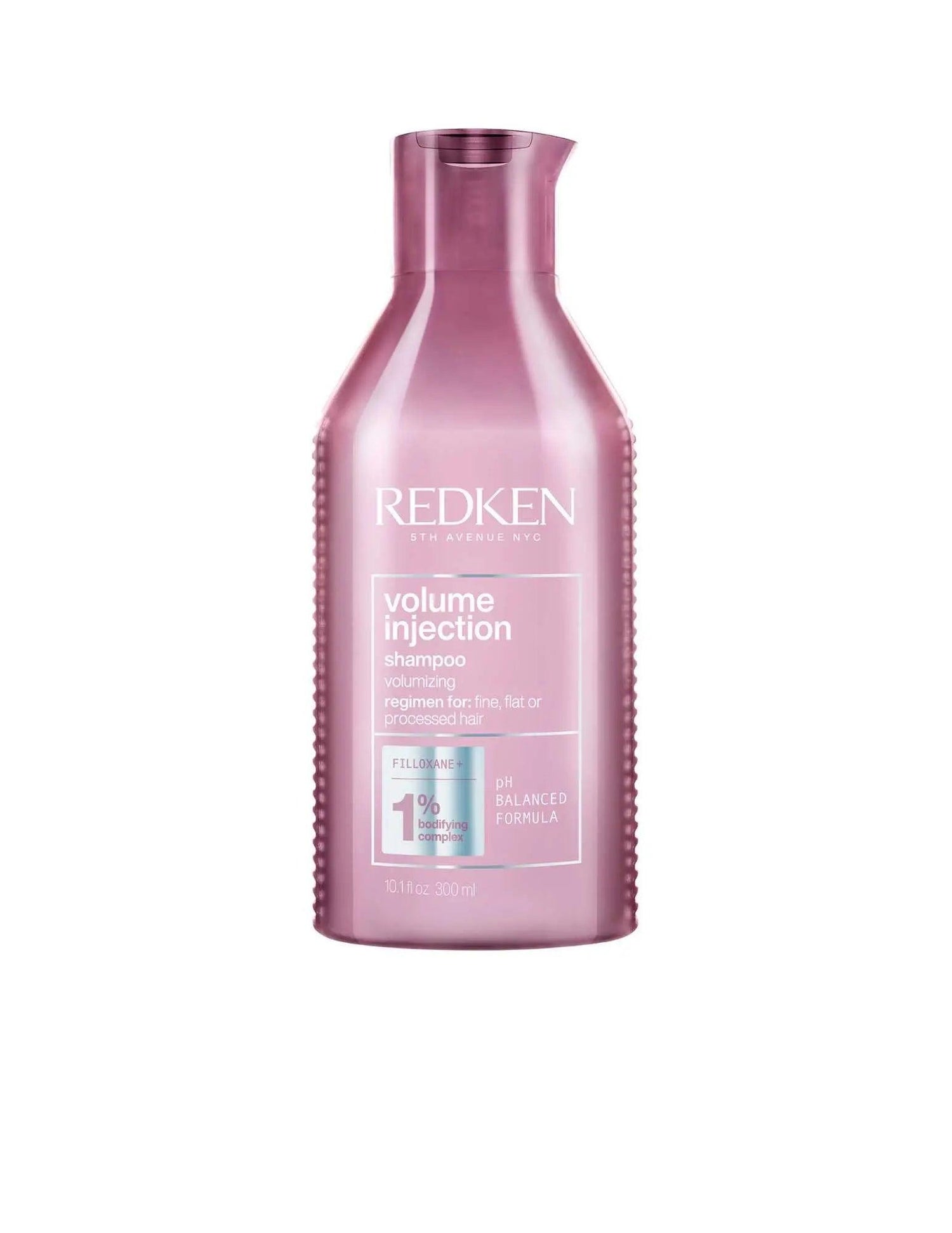 Redken Volume Injection Shampoo bottle for fine hair, enhances volume and body, suitable for all hair types and textures.