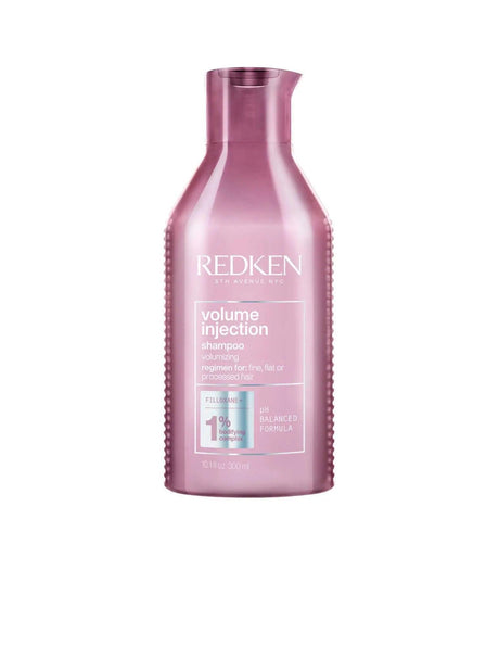 Redken Volume Injection Shampoo bottle for fine hair, enhances volume and body, suitable for all hair types and textures.