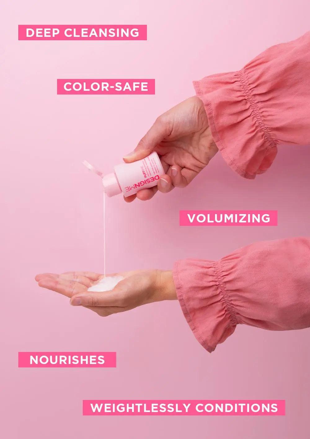 Person pouring PUFF.ME volumizing shampoo into hand, showcasing features like deep cleansing, color-safe, and weightless conditioning.