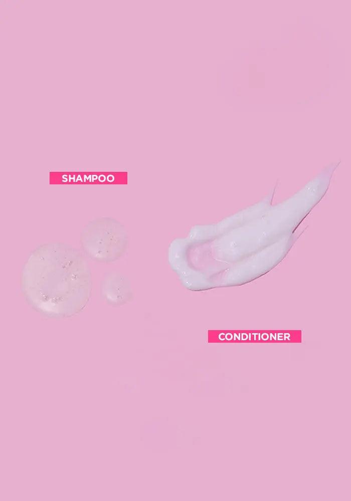 PUFF.ME volumizing shampoo and conditioner texture against pink background.
