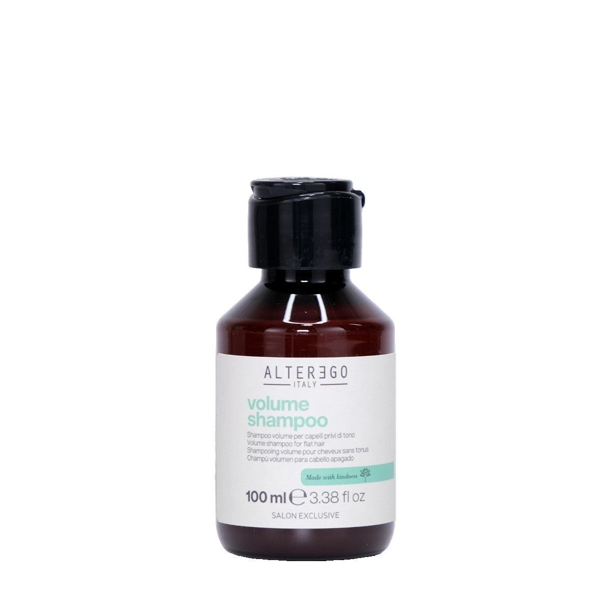 Bottle of volume shampoo designed for fine hair, infused with cotton and bamboo oil for body, free from sulphates and parabens.