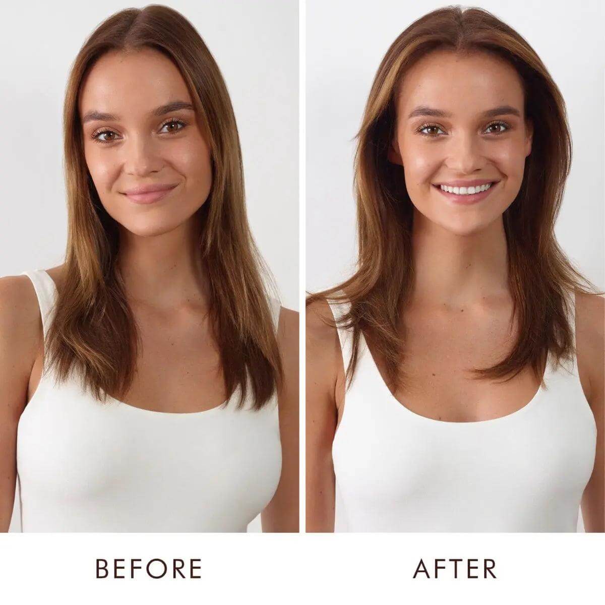 Before and after comparison showing increased hair volume and shine using Volumizing Mist.