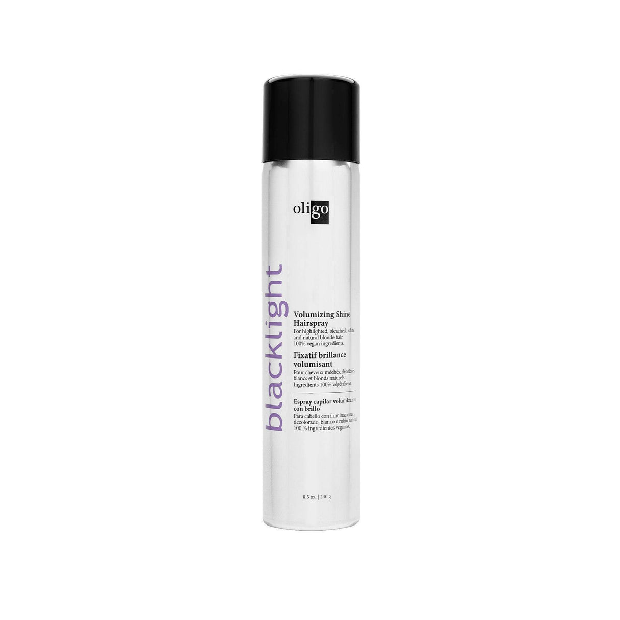Blacklight Volumizing Shine Hairspray for color-treated hair, offers medium flexible hold, UV and heat protection.