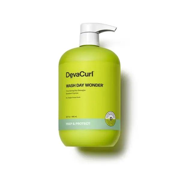 DevaCurl Wash Day Wonder Time-Saving Slip Detangler bottle with Tangle-Release Complex for curly hair care and detangling.