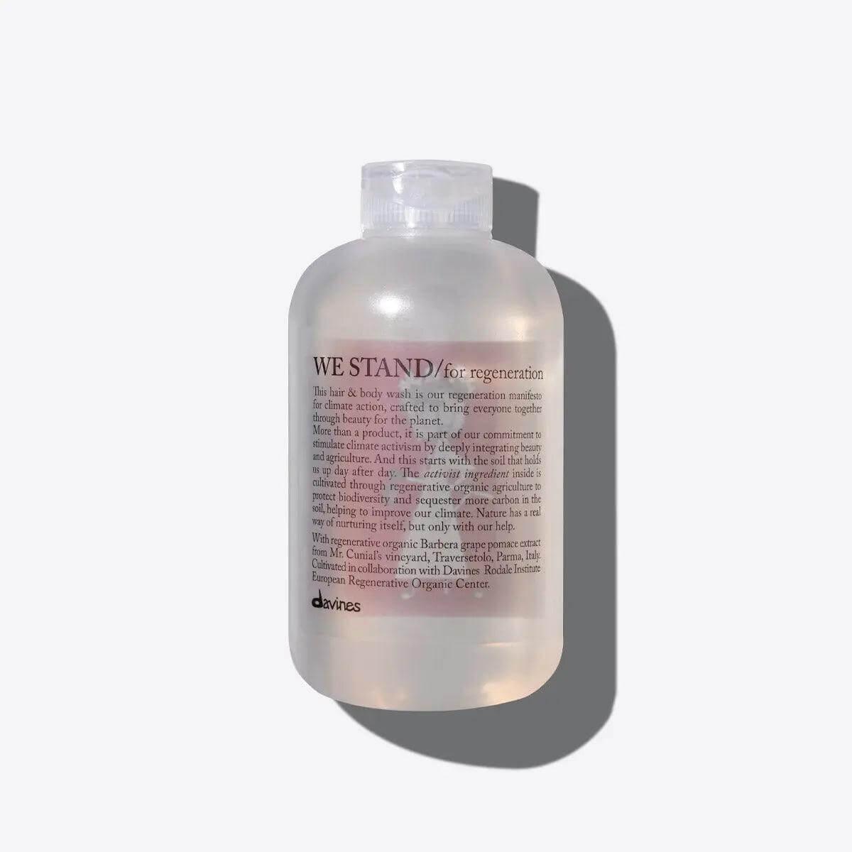 Davines gentle hair and body wash promoting regeneration and climate action, enriched with sustainable ingredients.