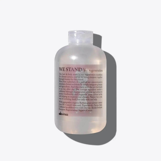 Davines gentle hair and body wash promoting regeneration and climate action, enriched with sustainable ingredients.