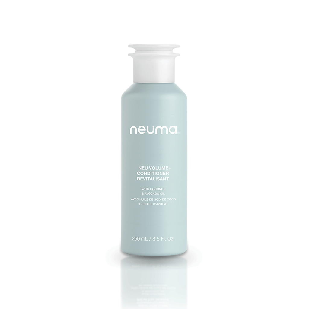 Neu Volume Conditioner bottle for fine hair, enhances volume and shine with fennel, ylang ylang, patchouli, and vanilla scent.
