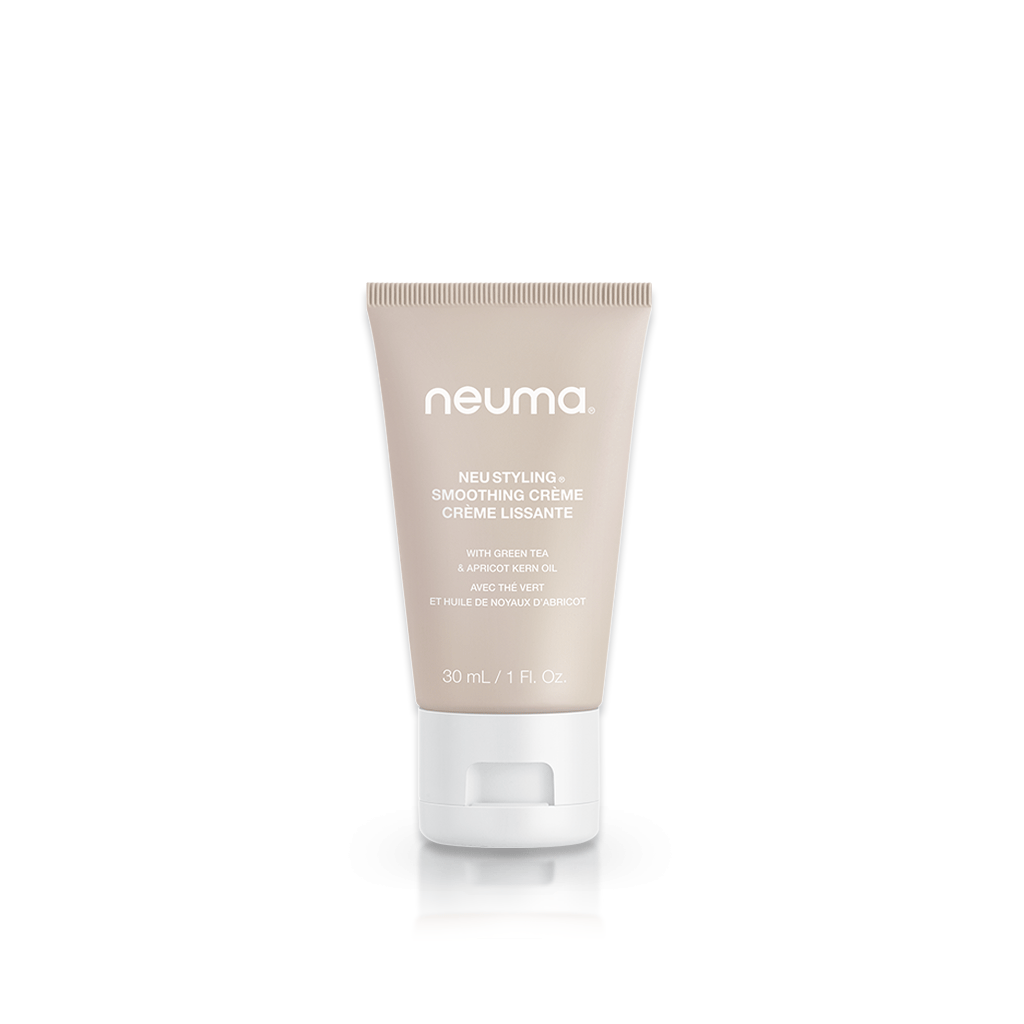 Neu Styling Smoothing Crème for taming frizz, boosting shine, and humidity resistance with lavender, mandarin, and vanilla aroma.