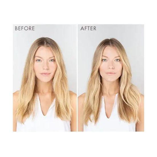 Before and after results using Weightless Hydrating Mask on blonde hair, showing enhanced shine, texture, and elasticity.