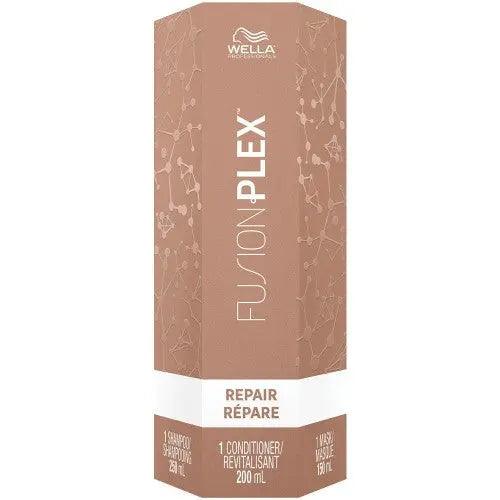 Wella Fusionplex Repair Holiday Trio gift set packaging, featuring FusionPlex shampoo, conditioner, and treatment. Ideal for hair recovery.