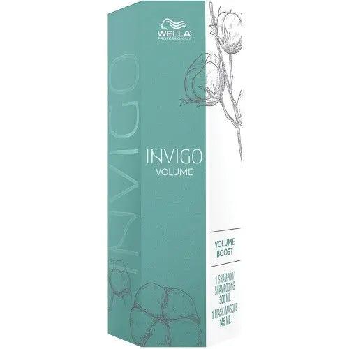 Wella Invigo Volume Boost Holiday Duo packaging with Volume Boost-Blend for hair volume and shine, ideal for fine hair care.
