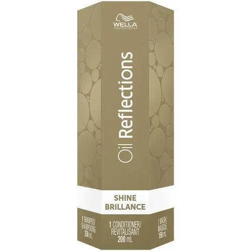 Wella Oil Reflections Holiday Trio packaging, includes shampoo, conditioner, and mask for smooth, shiny hair care.