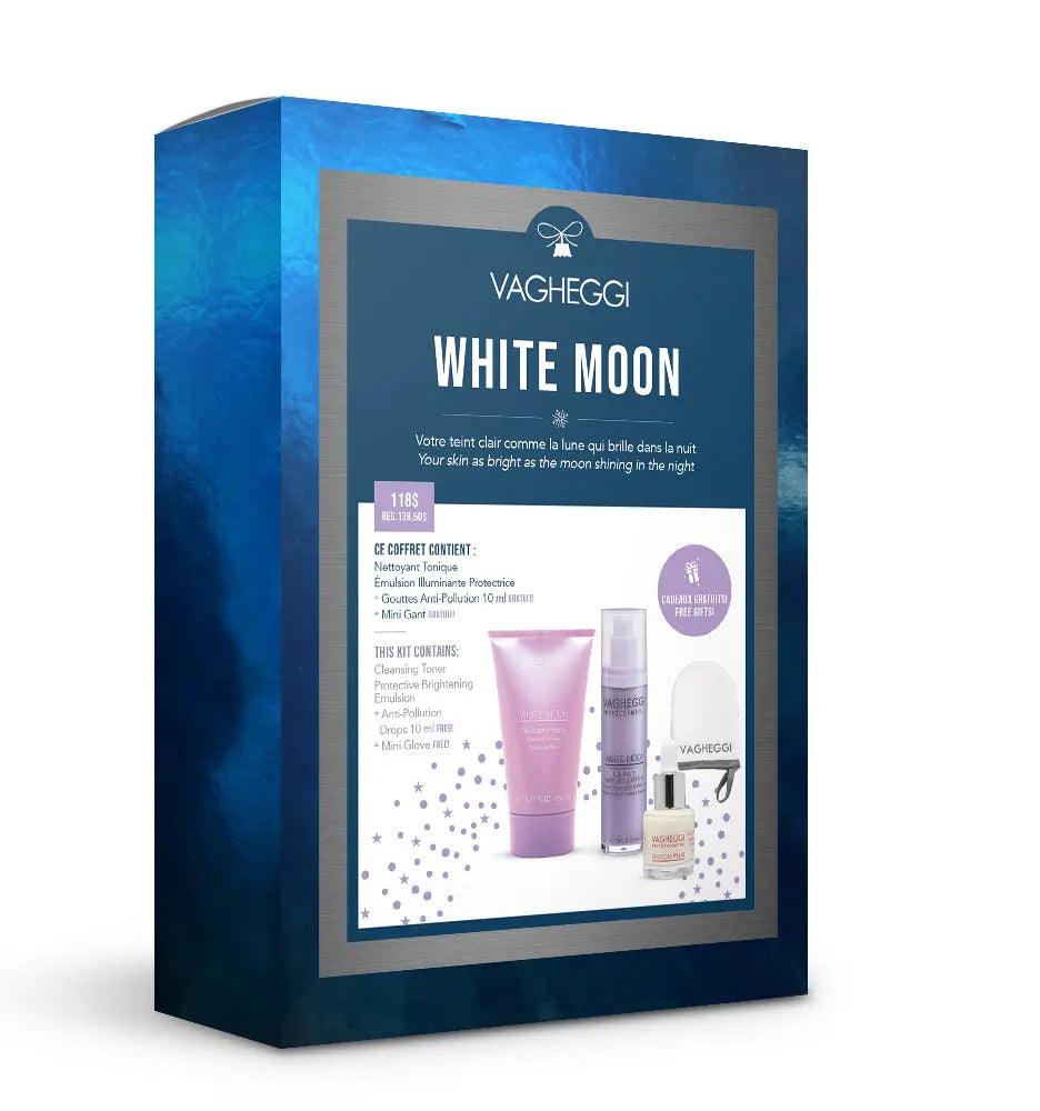 White Moon Christmas Gift Set with cleansing toner, brightening emulsion, anti-pollution drops, mini glove by Vagheggi.
