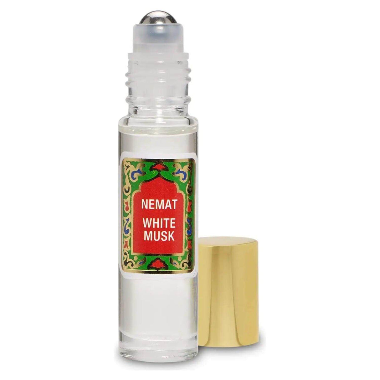 10 ml roll-on bottle of White Musk perfume with a gold cap, offering a warm and gentle aroma for premium quality fragrance lovers.