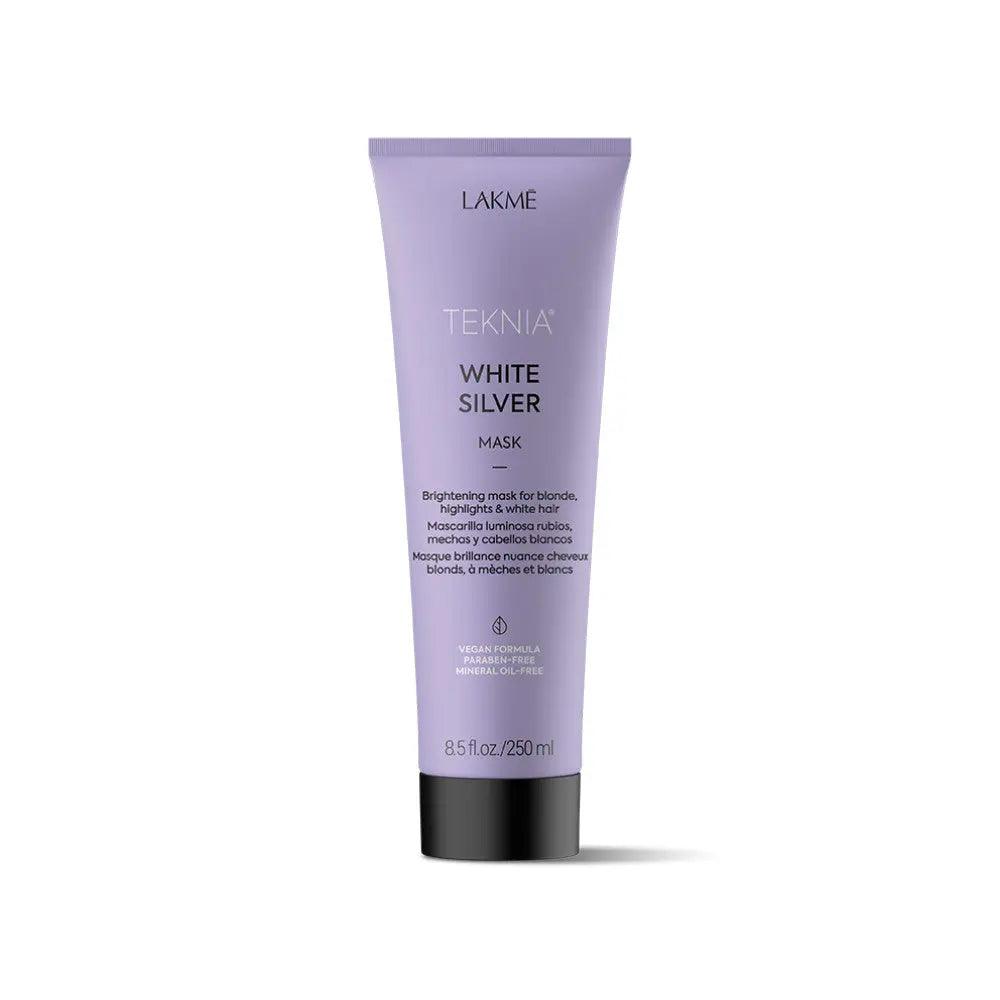 Lakme Teknia White Silver Mask tube for blonde hair shine, with vegan and paraben-free formula. 8.5 fl oz packaging.