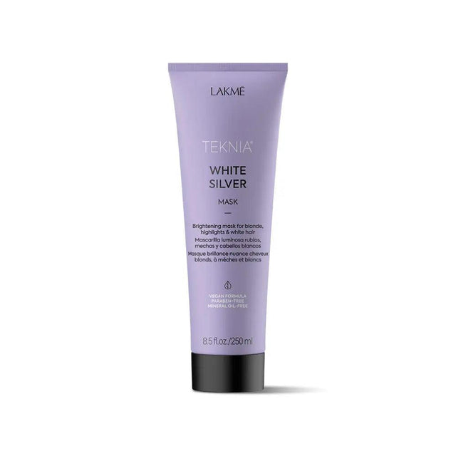Lakme Teknia White Silver Mask tube for blonde hair shine, with vegan and paraben-free formula. 8.5 fl oz packaging.