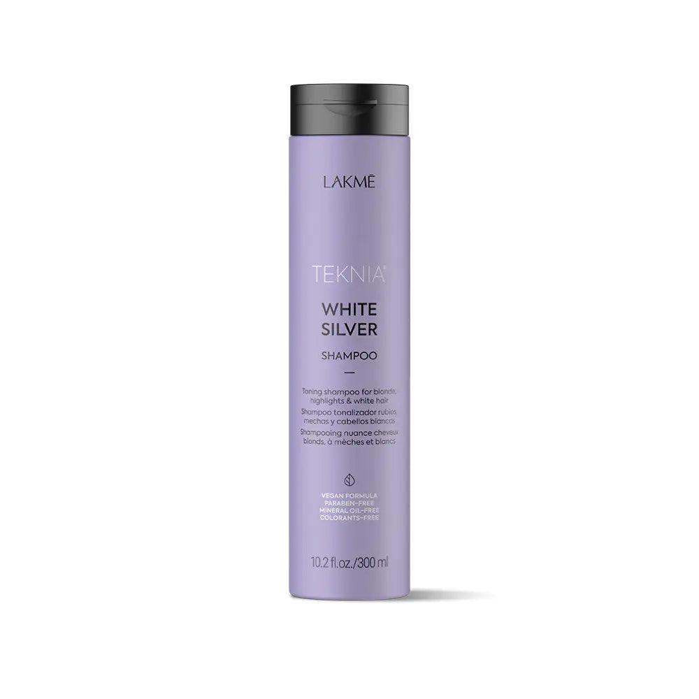 White Silver Shampoo bottle enhancing hair purity by neutralizing yellow tones; features citrus and floral fragrance with lotus extract.