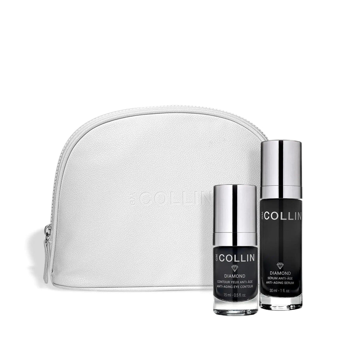 Winter Wonders gift set with diamond serum, eye contour, and vegan leather white pouch.
