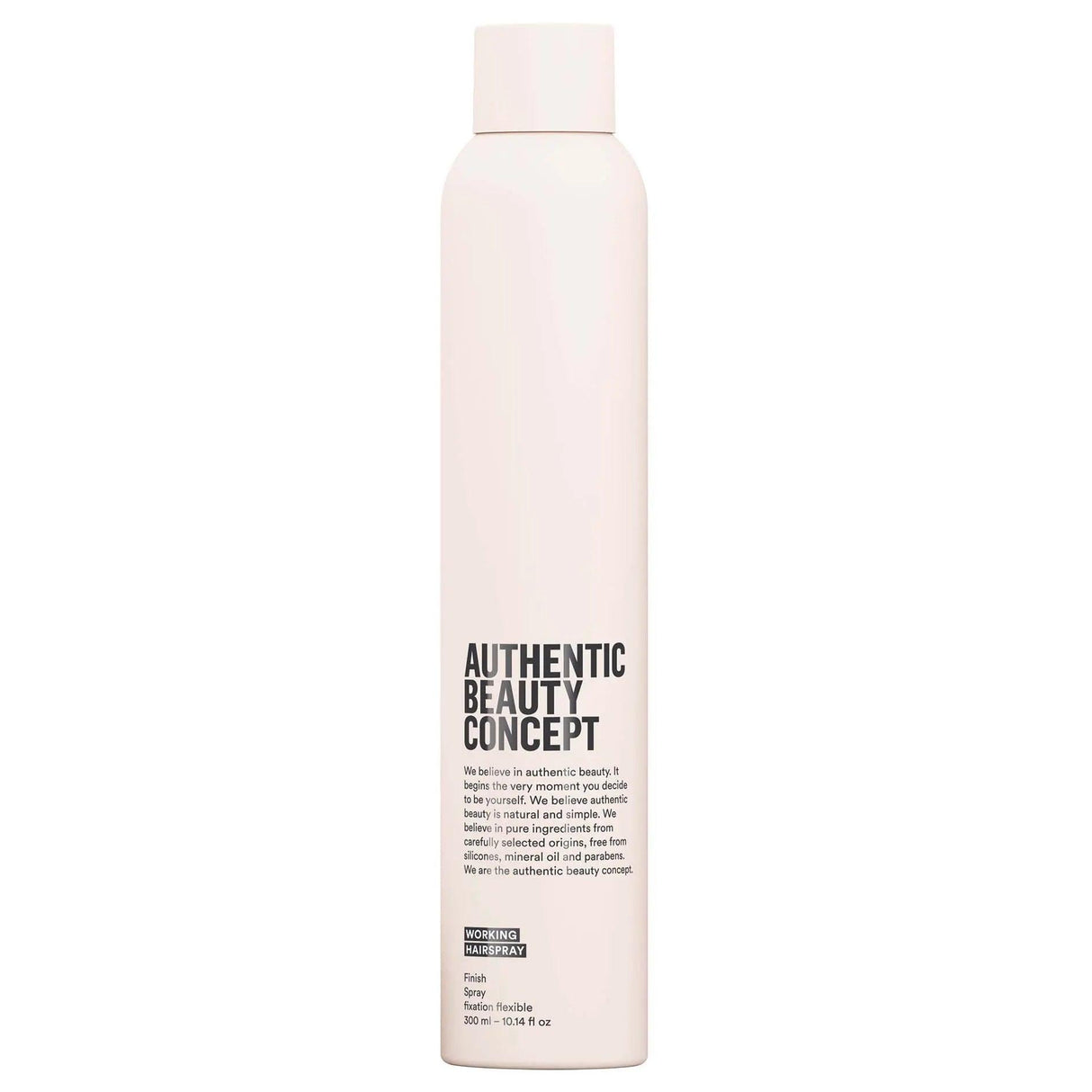 Authentic Beauty Concept Working Hairspray bottle offering flexible hold, quick-drying formula, vegan and cruelty-free.