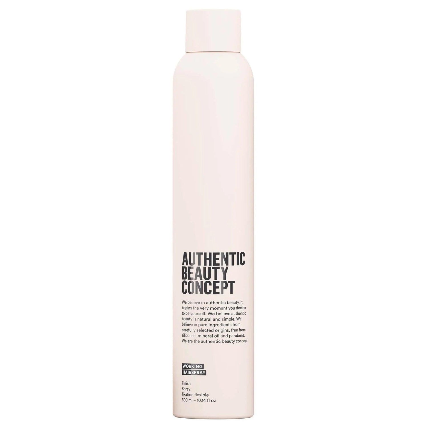 Authentic Beauty Concept Working Hairspray bottle offering flexible hold, quick-drying formula, vegan and cruelty-free.
