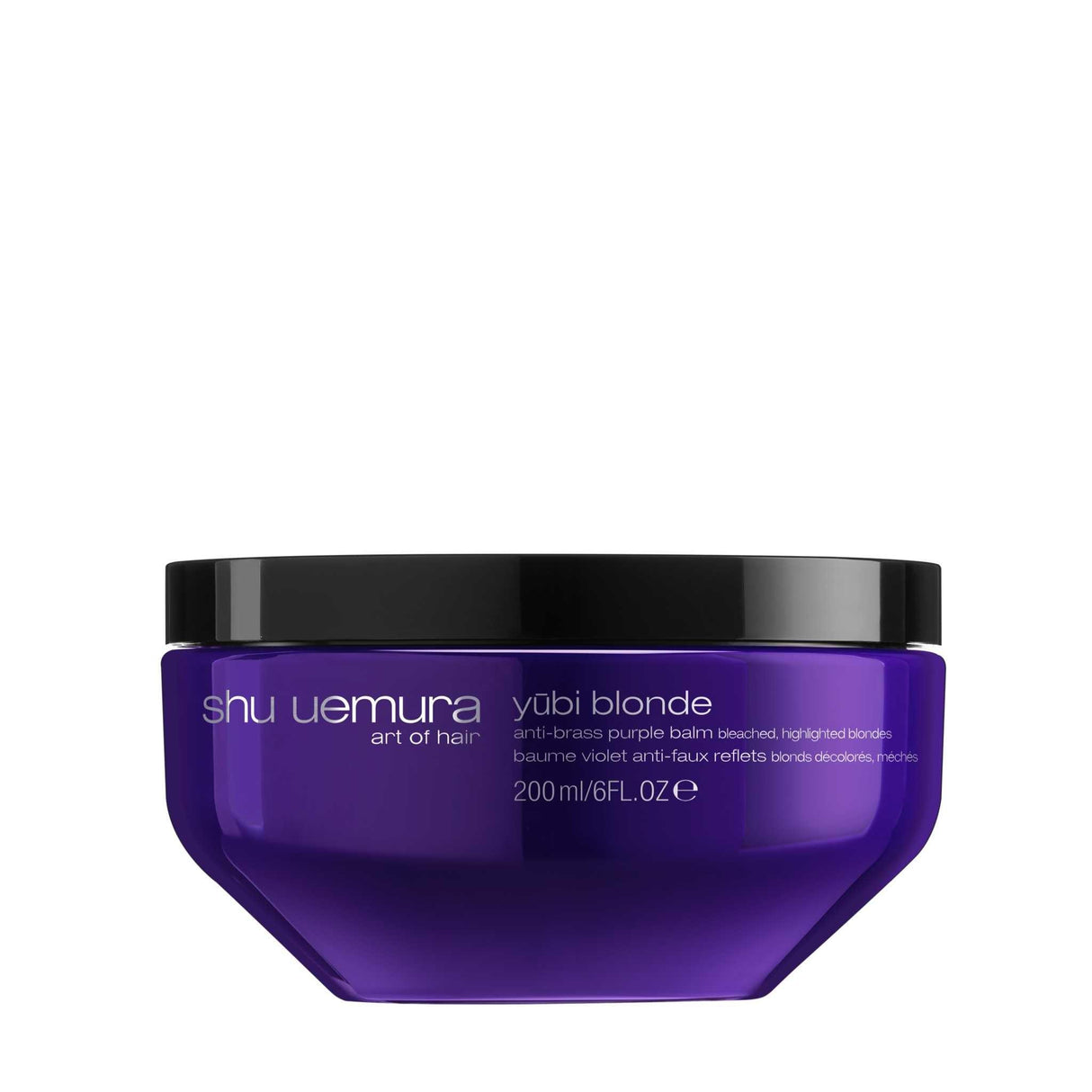 Yubi Blonde Anti-Brass Purple Balm, 200ml jar, neutralizes brassy tones and enhances vibrancy for blonde hair, suitable for all textures.