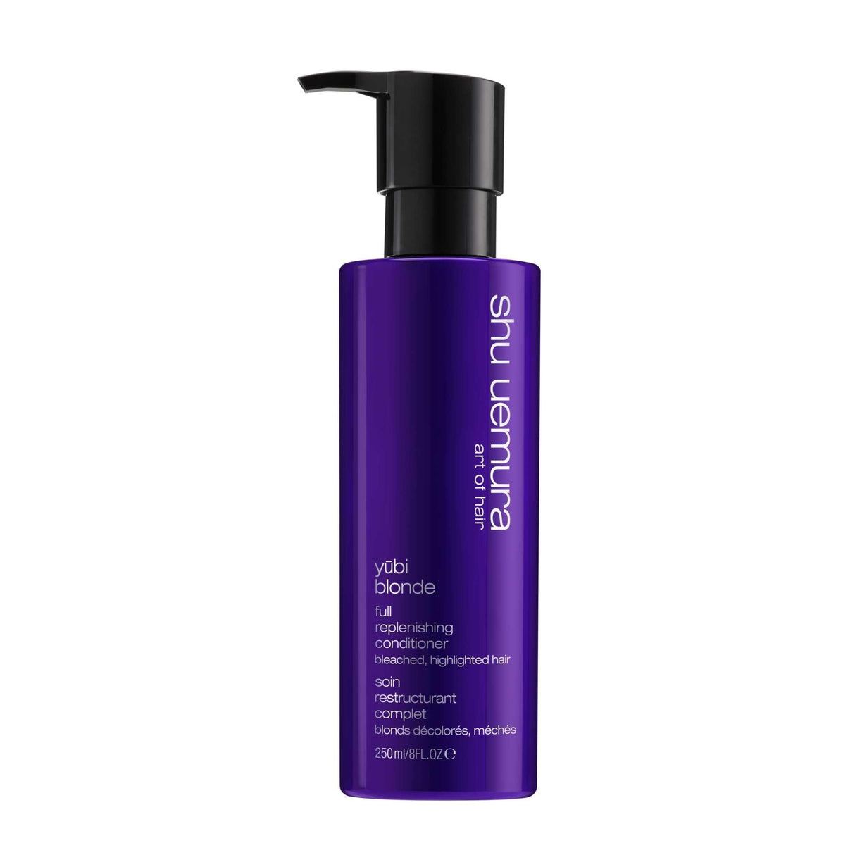 Yūbi Blonde Full Replenishing Conditioner for blonde, highlighted hair by Shu Uemura in purple bottle, 250ml.