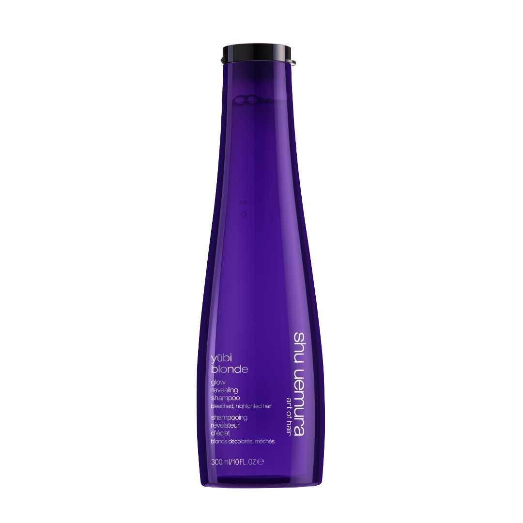 Yūbi Blonde Glow Revealing Shampoo bottle for brightening and minimizing brassiness in blonde hair.