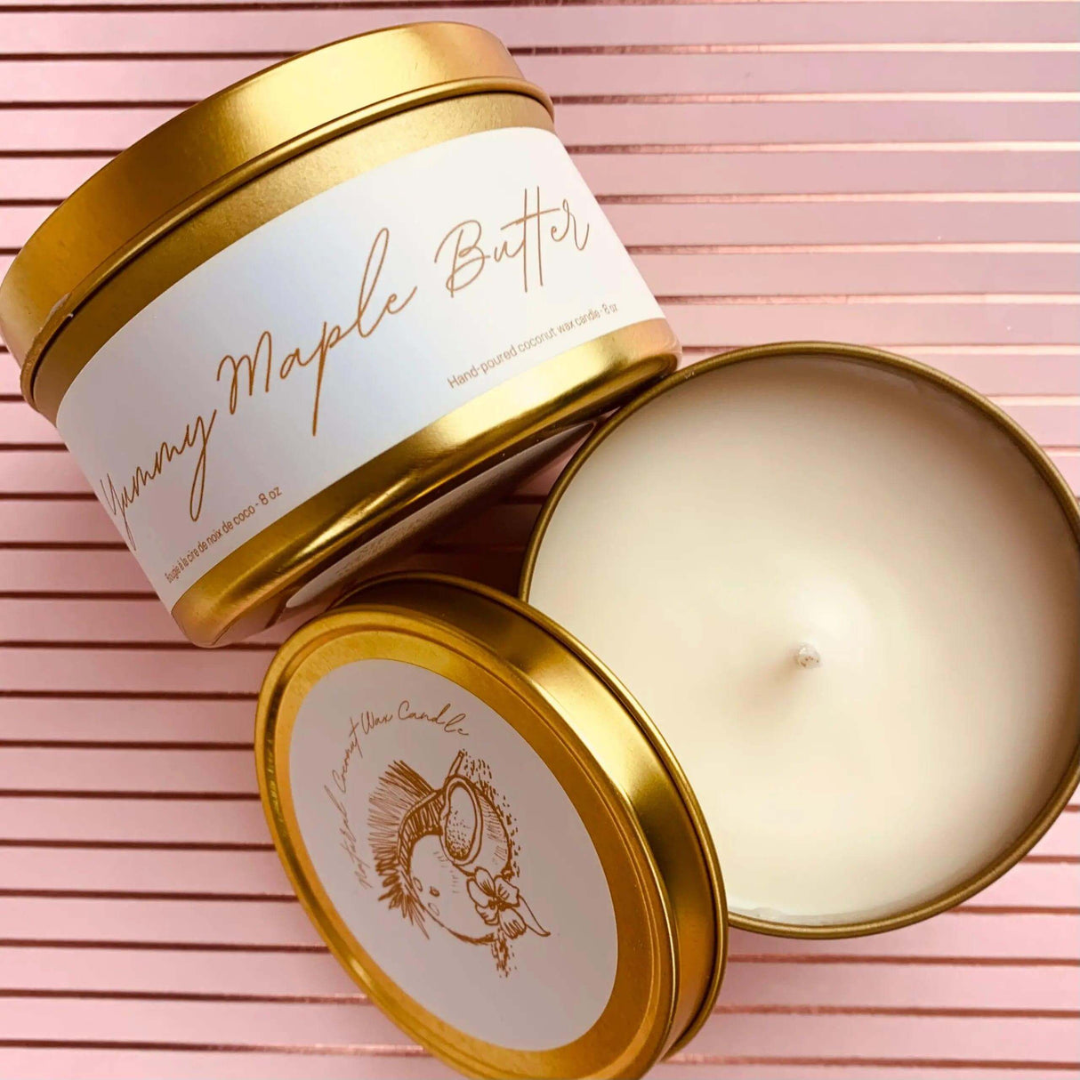 Yummy Maple Butter scented candle in gold tin, featuring GMO-free coconut wax blend and phthalate-free fragrances.