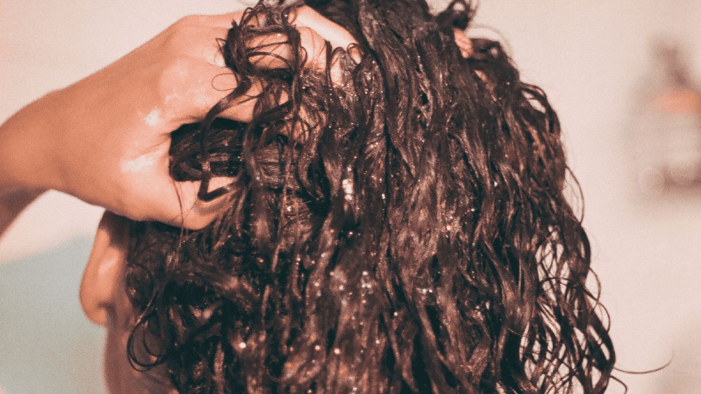 Wet, curly hair being held up by a person's hand.
