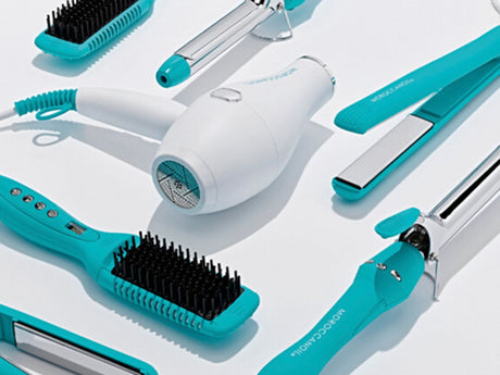 Various hair styling tools displayed on a white background.
