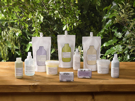 Assorted skincare products displayed on wooden surface with greenery backdrop.