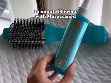 Haircare products with text overlay suggesting a quick styling routine.