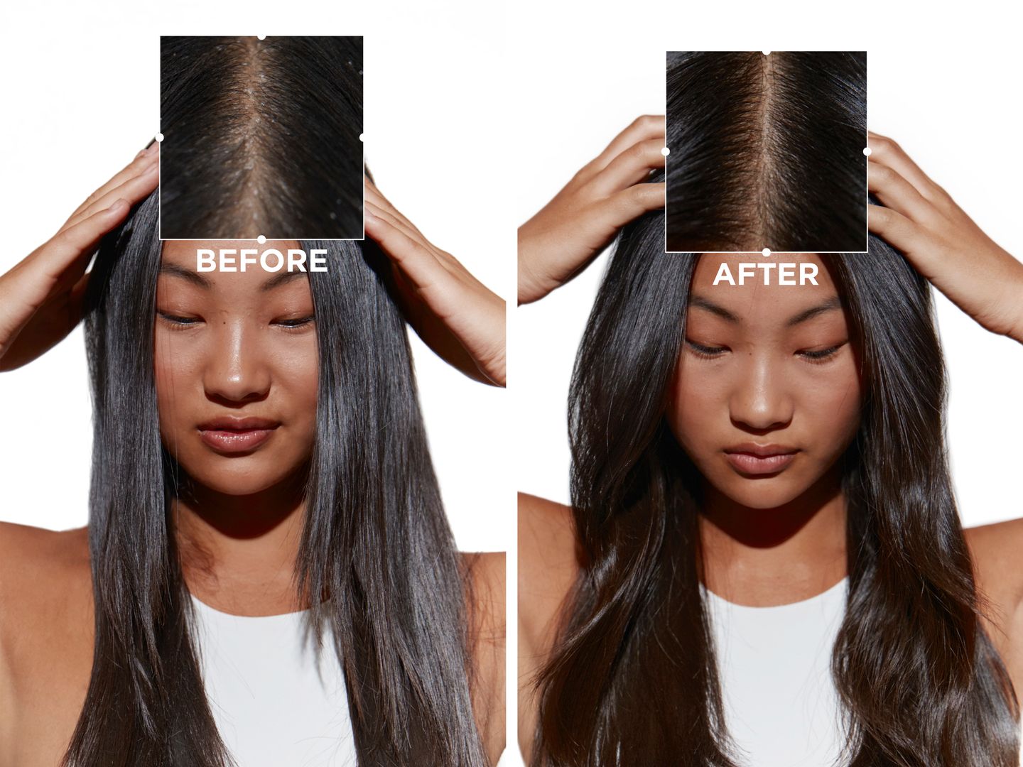 Before and after comparison of hair treatment results on a person.