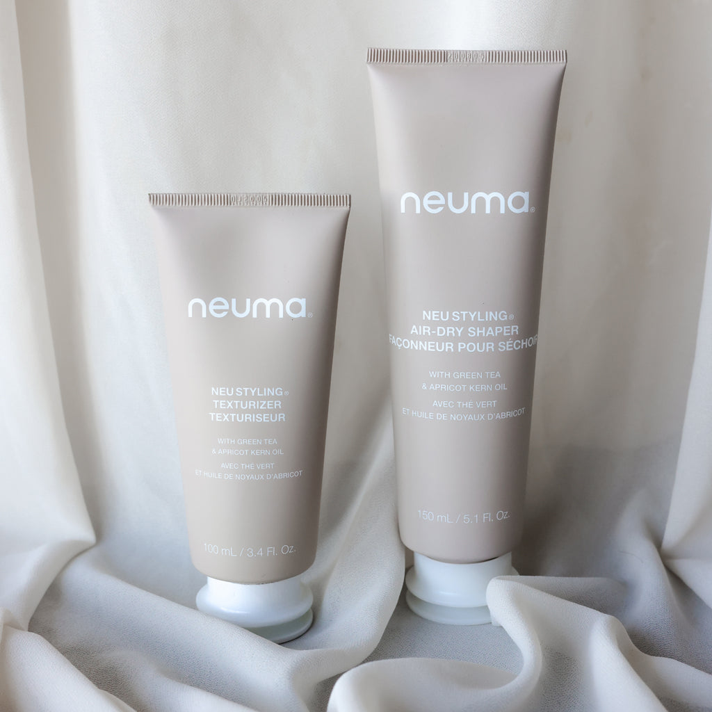 Neu Styling Air-dry Shaper and Texturizer bottles, enhancing natural texture and shine without heat, aroma of lavender, mandarin, vanilla