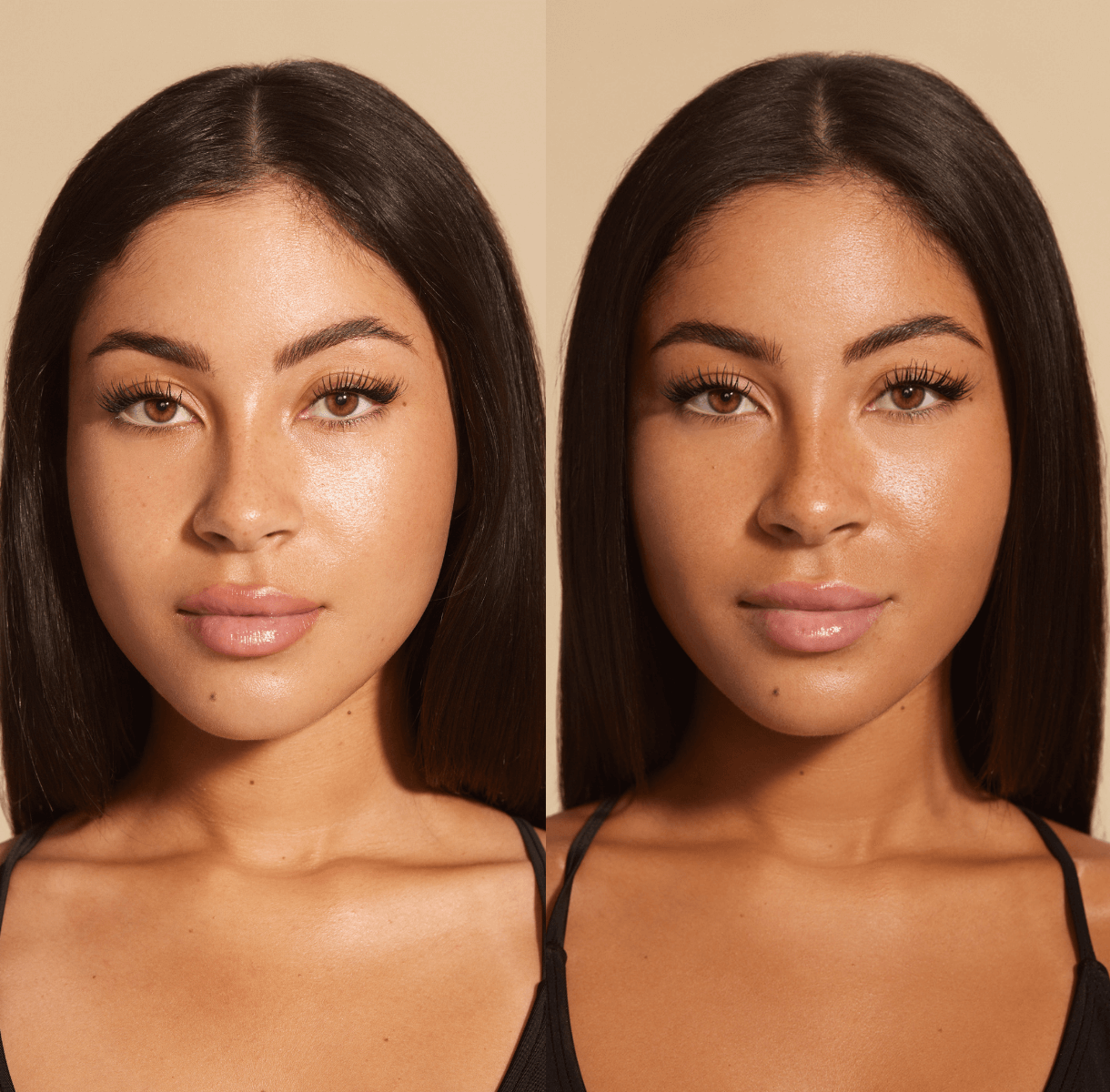 Before and after application of Face Tan Water - Dark showing enhanced complexion and natural glow.