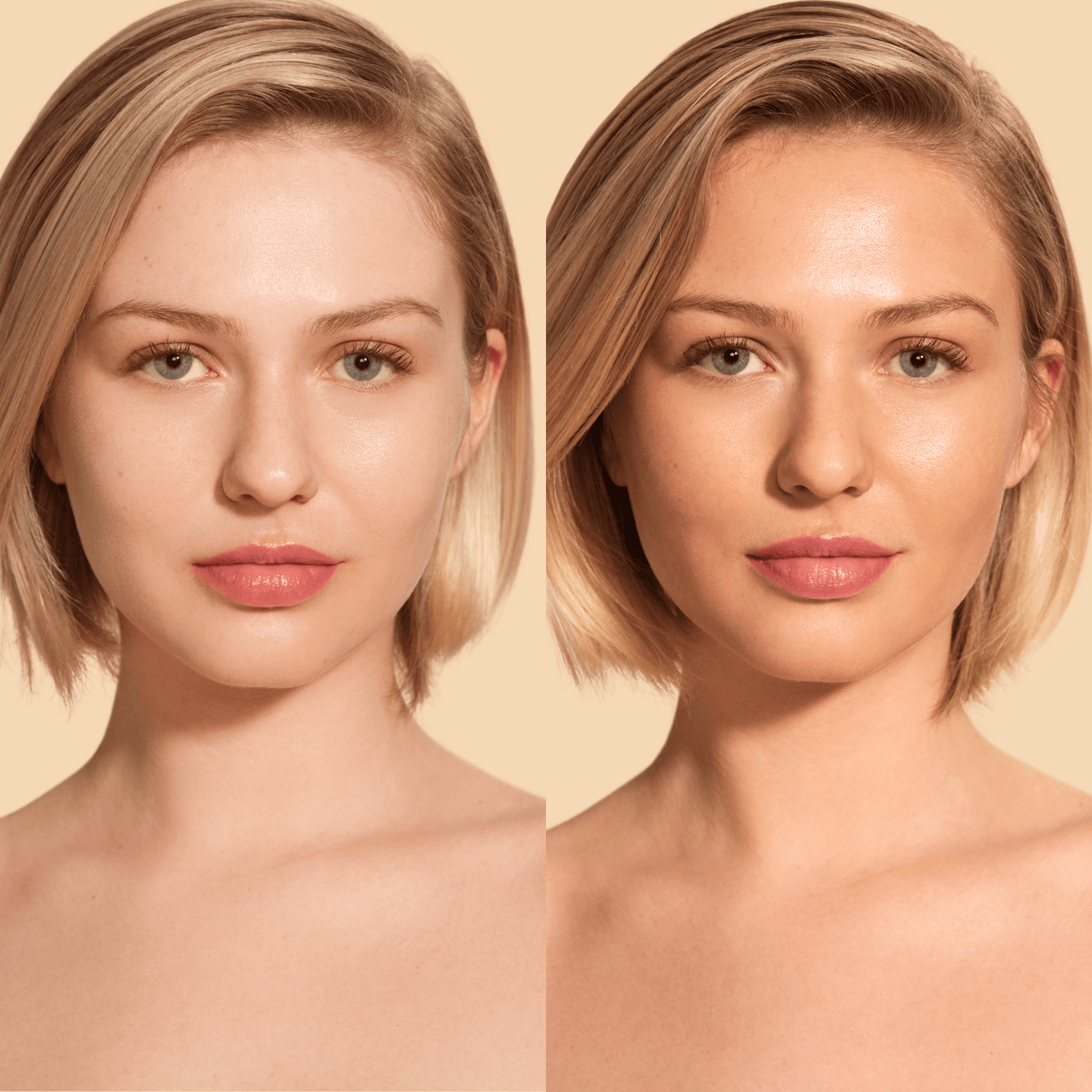 Before and after using Hyaluronic Self Tanning Serum, showing a radiant glow and natural tan.